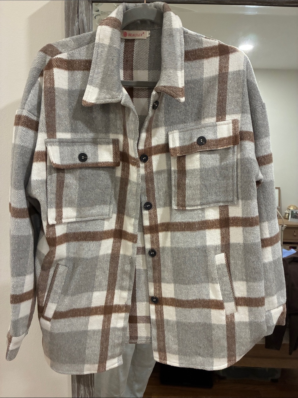 Men's Plaid Shacket Jacket in Gray, Brown & Cream